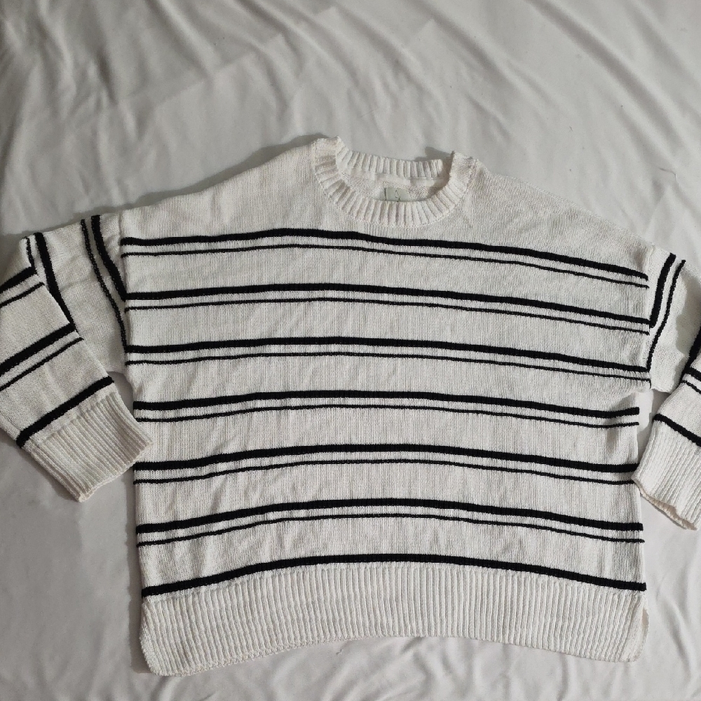 Joie Black and White Striped Crew Neck Sweater